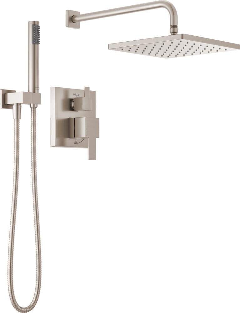 Delta Modern 14 Series Square Rain Shower System Faucet Set, Rainfall Brushed Gold Shower Head and Handle Set, Valve Trim Kit, 10 Inch, Champagne Bronze 342701-CZ