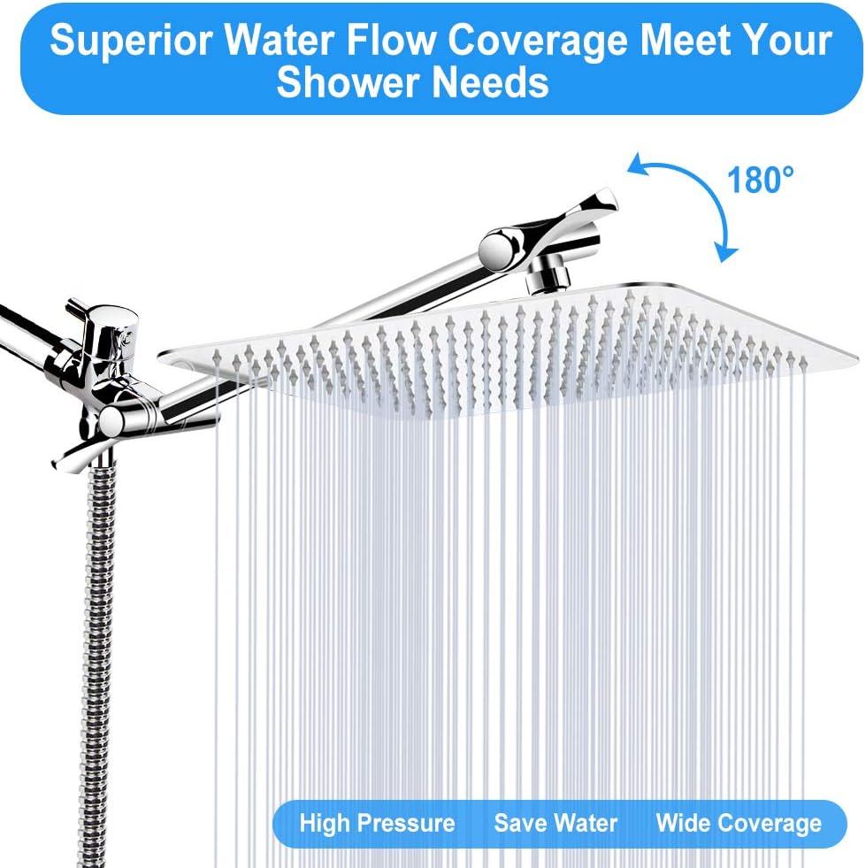 Shower Head, Kaqinu 10'' High Pressure Rainfall Shower Head/Handheld Showerhead Combo with 11” Extension Arm, Anti-leak Shower Head with Holder/Hose, Flow Regulator - Chrome
