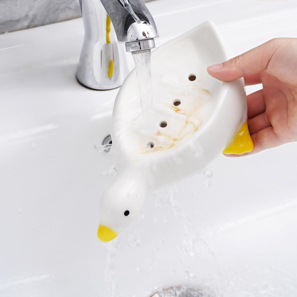 Ceramic Duck Soap Dish, Self-Draining Soap Holder for Sink and Shower