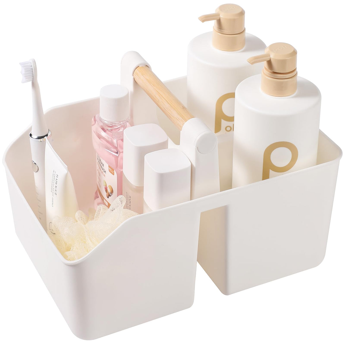 rejomiik Plastic Shower Caddy, Portable Basket with Bamboo Handle, White