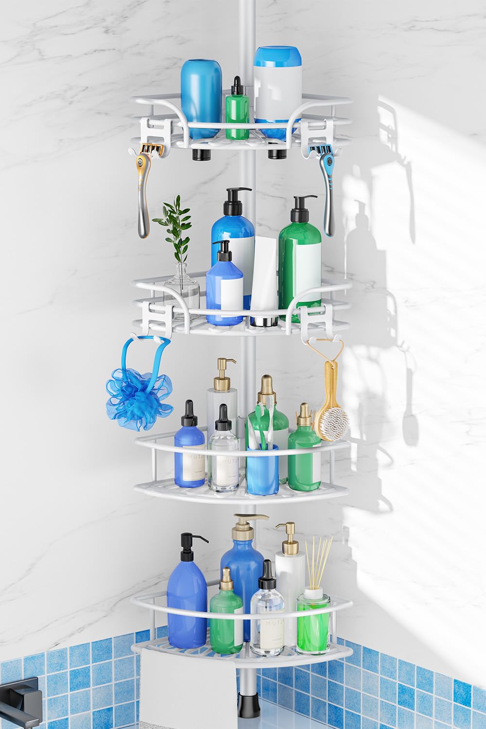 HAMITOR Corner Shower Caddy Tension Pole, Adjustable No-Drill Widen Shelves