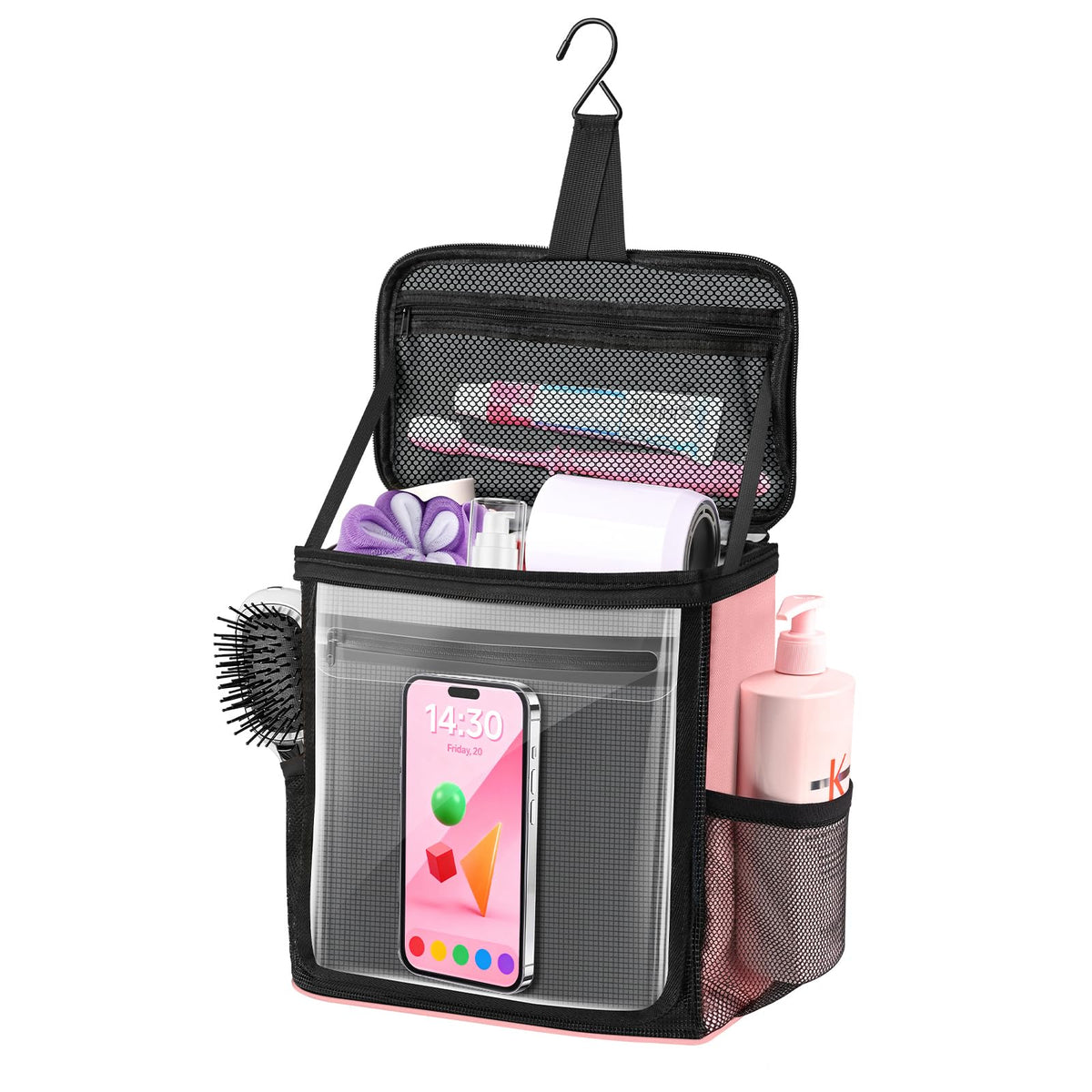 Hanging Shower Caddy Portable, Travel Toiletry Bag for Men & Women, Large Capacity with Hook,Dorm Room Essentials With Waterproof Phone Compartment, for Bathroom, Picnic, Gym, Travel(Black)