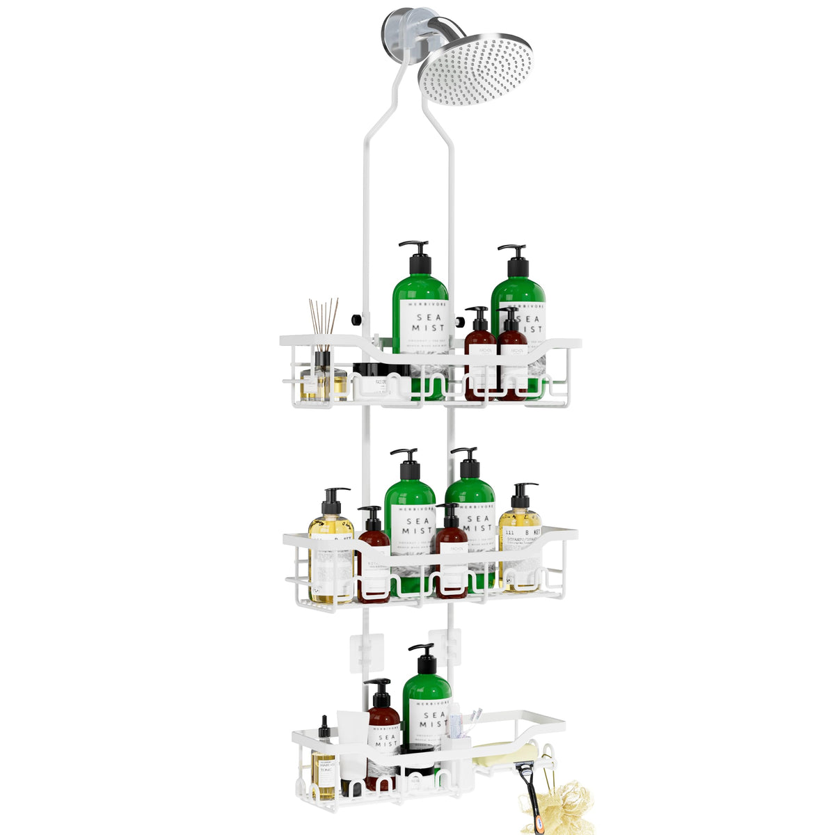 Upgraded Extended Length Shower Organizer with Hooks, Rustproof Shampoo Soap Holder, Large Hanging Bathroom Caddy