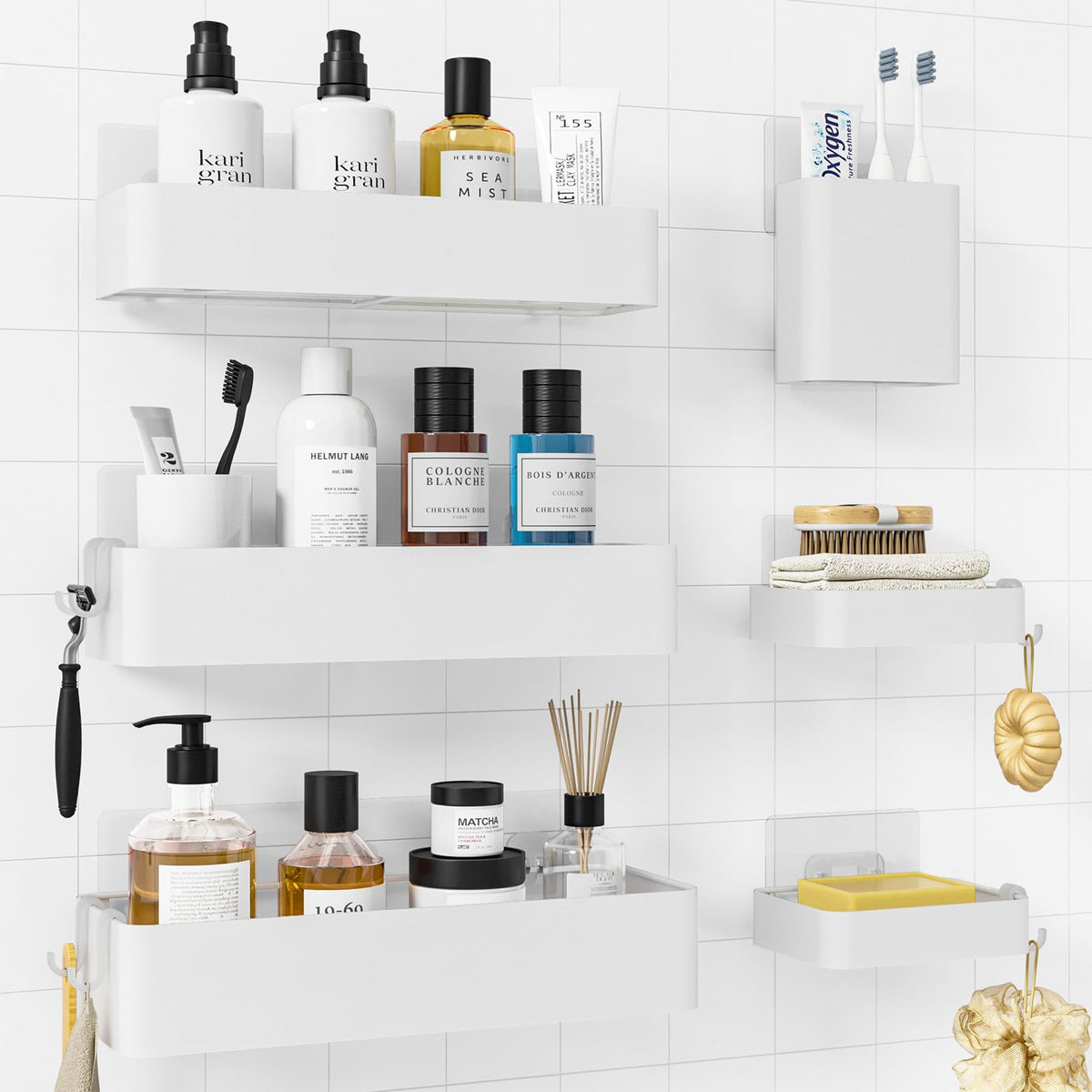 Kitsure Large Shower Caddy - Adhesive 6-Pack Bathroom Shelves, Black