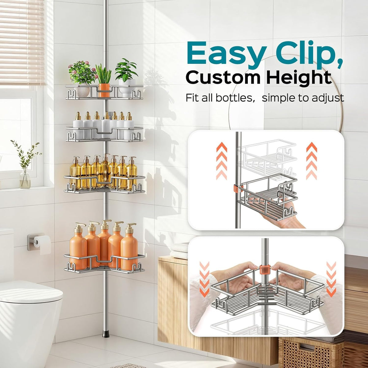 HAMITOR Corner Shower Shelves, 4-Tier Metal Tension Pole Caddy, Silver Gray