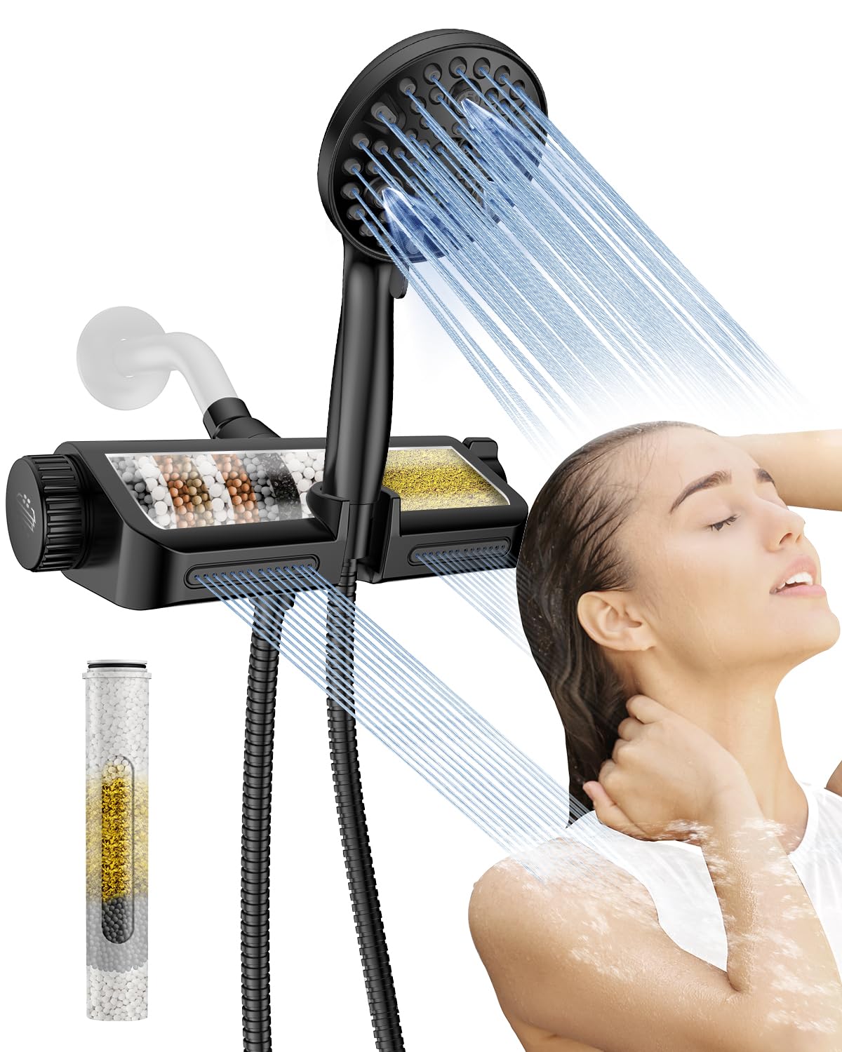 MakeFit Filtered Shower Head with Handheld Combo Matte Black - Dual 2-in-1 Spa System with Massage Shower and 10 Modes Hand Held Shower, High Pressure with Built in Power Wash Mode