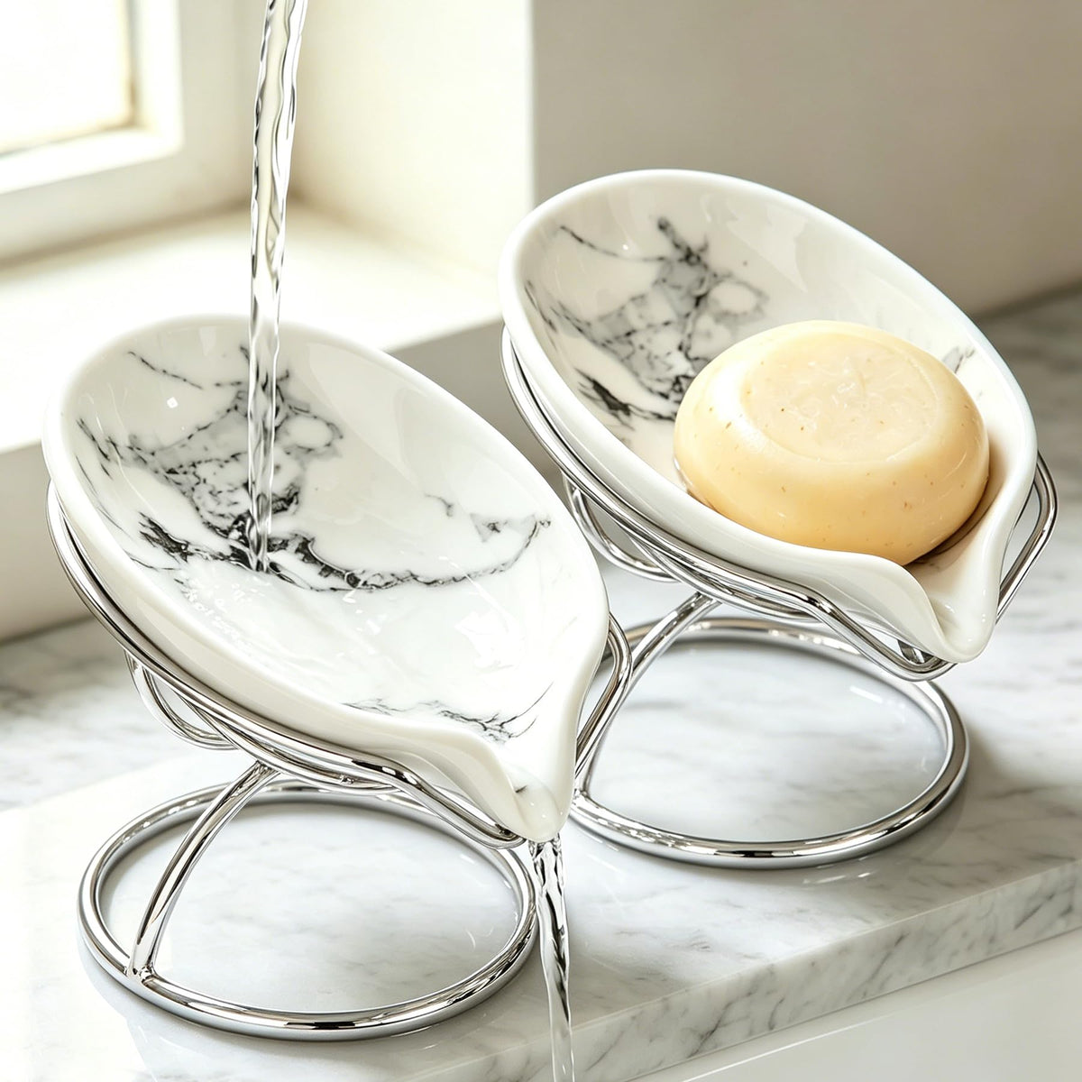 Dobbyby Leaf-Shaped Soap Dish – Ceramic Soap Bar Holder with Self-Drainage System – Bar Soap Holder for Shower, Bathroom Sink, Kitchen – Soap Dish with Stainless Steel Stand (White-Black-2 Pack)
