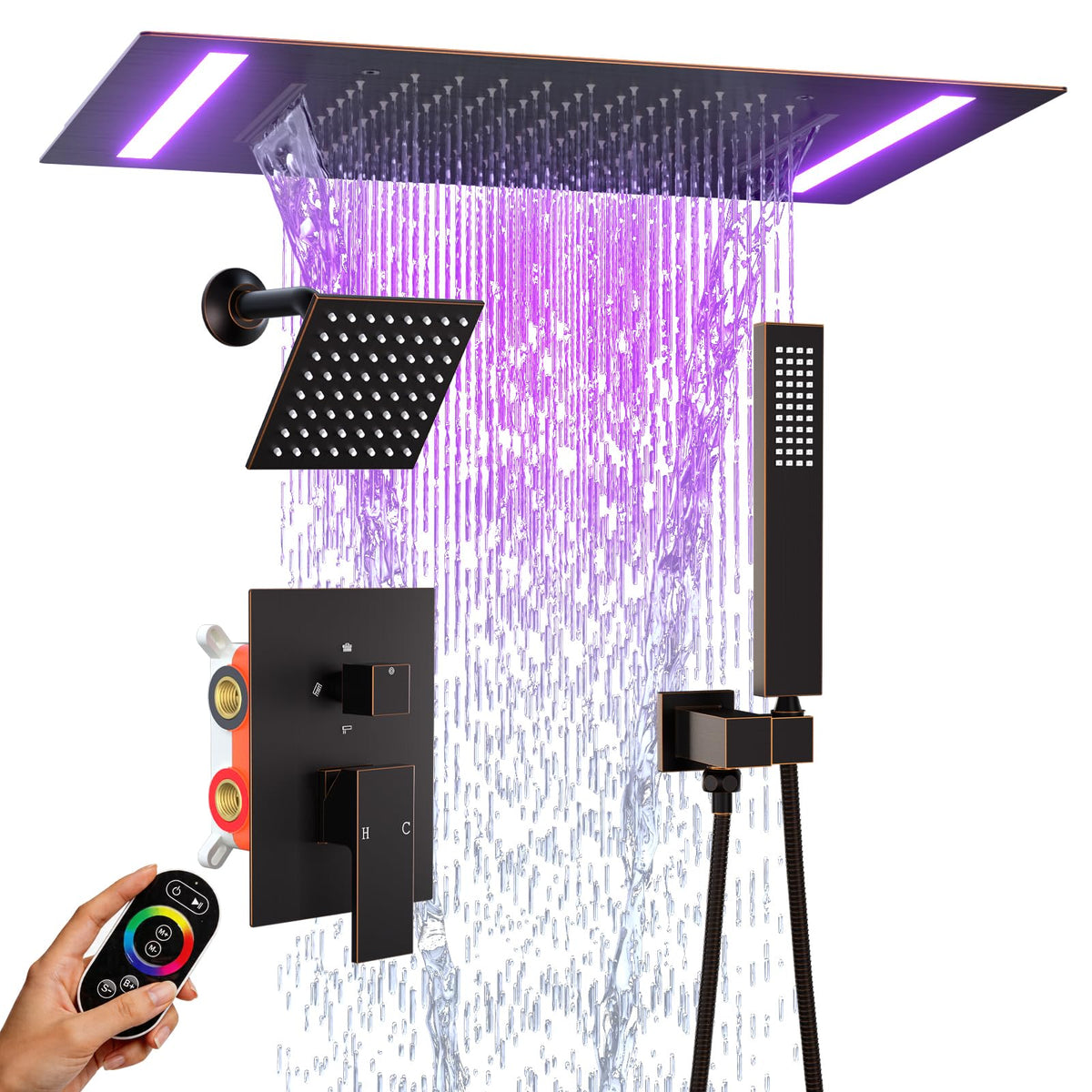 ENGA Dual Rain Shower Head System, 2 In 1 Functions Ceiling Mount 14x20inch LED Shower Head with 6 Inch Shower Head, Rainfall Waterfall Shower Faucet Set, Matte Black