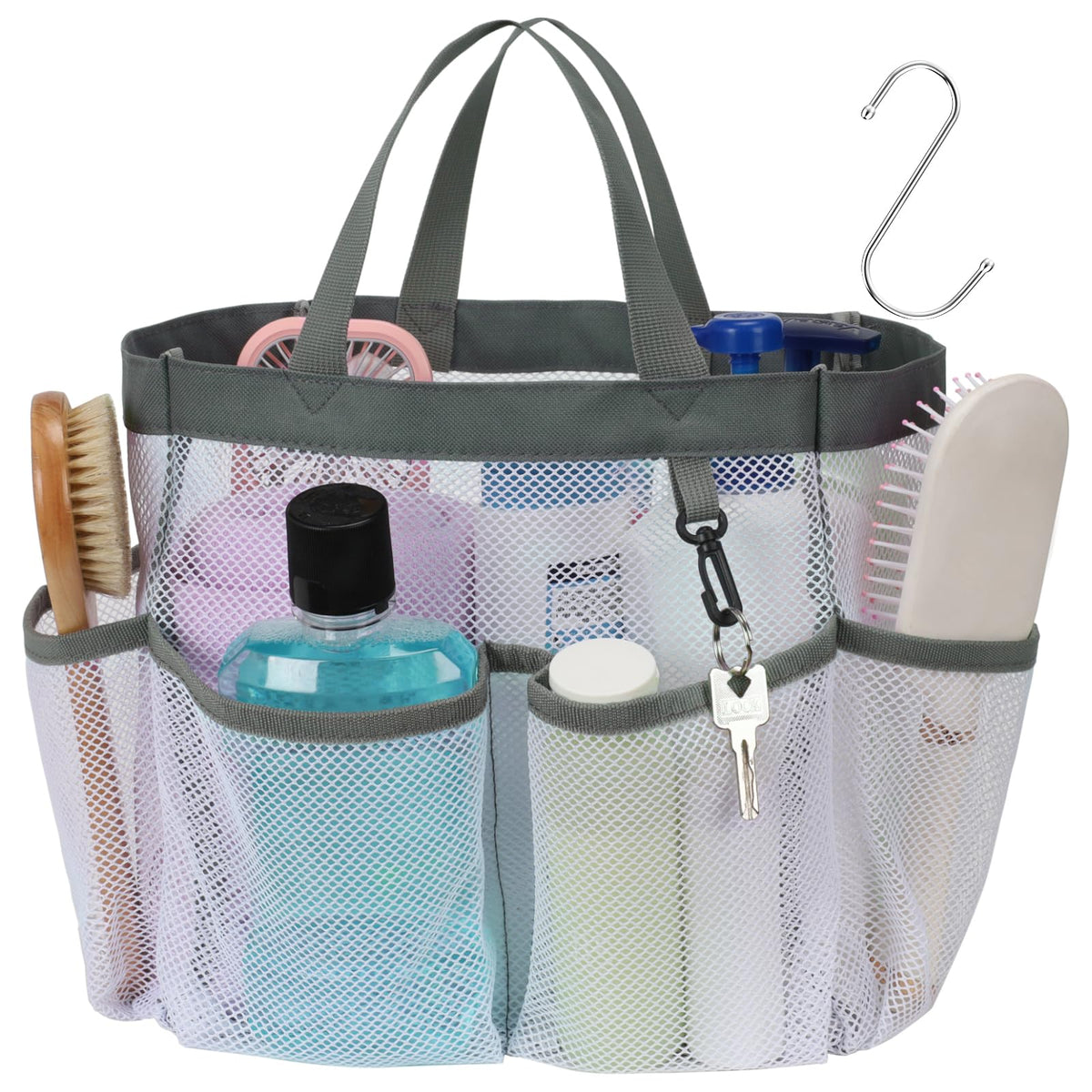 Mesh Shower Caddy Portable - 8 Pockets, S-Hook, Shower Bag for Dorm Camping