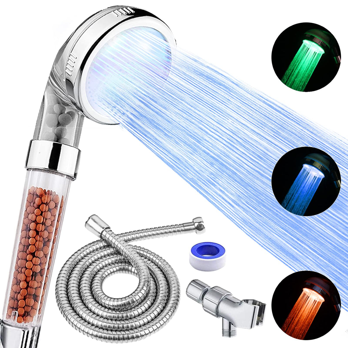 FASTRAS LED Shower Head with Handheld, High Pressure Shower Head with Hose, Holder & PTFE Tape etc, 3 Water Temperature-Controlled Water Saving Filtered Shower Head for Dry Hair& Skin