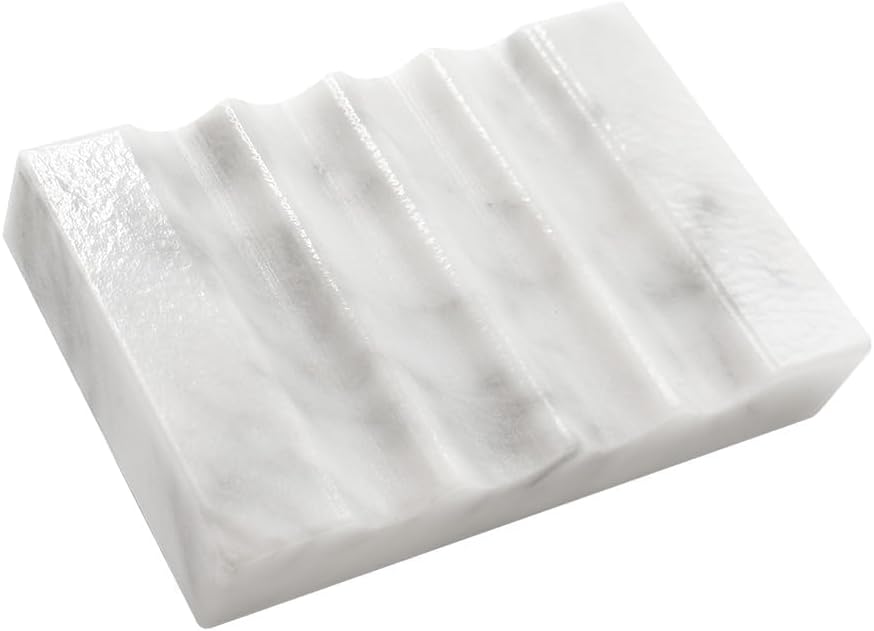 WeDoDecor Real Marble Soap Dish for Shower Stone Tray Small Bar Soap Holder with Self Draining | Non-Slip, Luxury Bath Room Accessories (White)