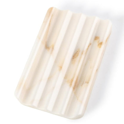 Koville Natural Marble Soap Dish for Bathroom Shower, White Gold Marble Soap Tray for Bathroom, Stone Soap Tray for Sink, Stripe Grooves Soap Saver Keep Soap Bars Dry Easy Clean