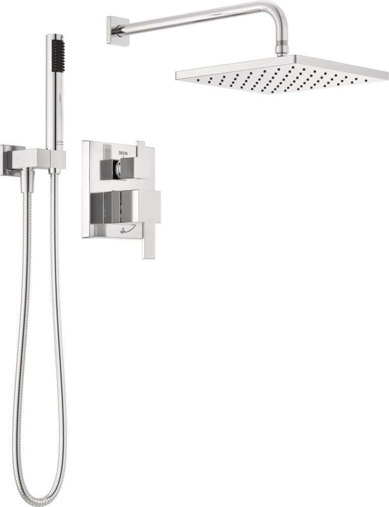 Delta Modern 14 Series Square Rain Shower System Faucet Set, Rainfall Brushed Gold Shower Head and Handle Set, Valve Trim Kit, 10 Inch, Champagne Bronze 342701-CZ