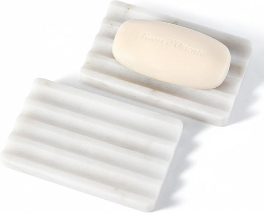 2PCS Koville African Natural Marble Soap Dish for Shower, Stone Soap Tray for Bathroom, Bar Soap Holder for Sink, Stripe Grooves Saver Keep Bars Dry Easy Clean (Namib Bianco)