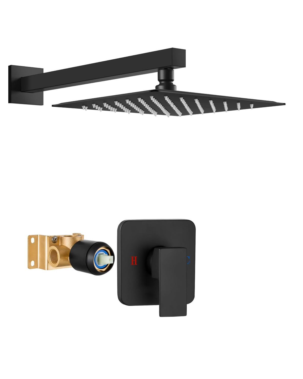 Heyalan 8 Inch Square Rain Shower Faucet Set with Valve, Matte Black