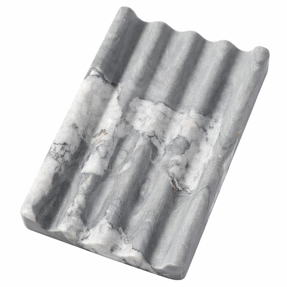 Koville African Natural Marble Soap Dish for Shower, Stone Soap Tray for Bathroom, Bar Soap Holder for Sink, Stripe Grooves Soap Saver Stone Dish Keep Bars Dry Easy Clean (Namib Bianco)