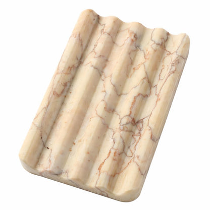 Koville Natural Marble Soap Dish for Bathroom Shower, White Gold Marble Soap Tray for Bathroom, Stone Soap Tray for Sink, Stripe Grooves Soap Saver Keep Soap Bars Dry Easy Clean