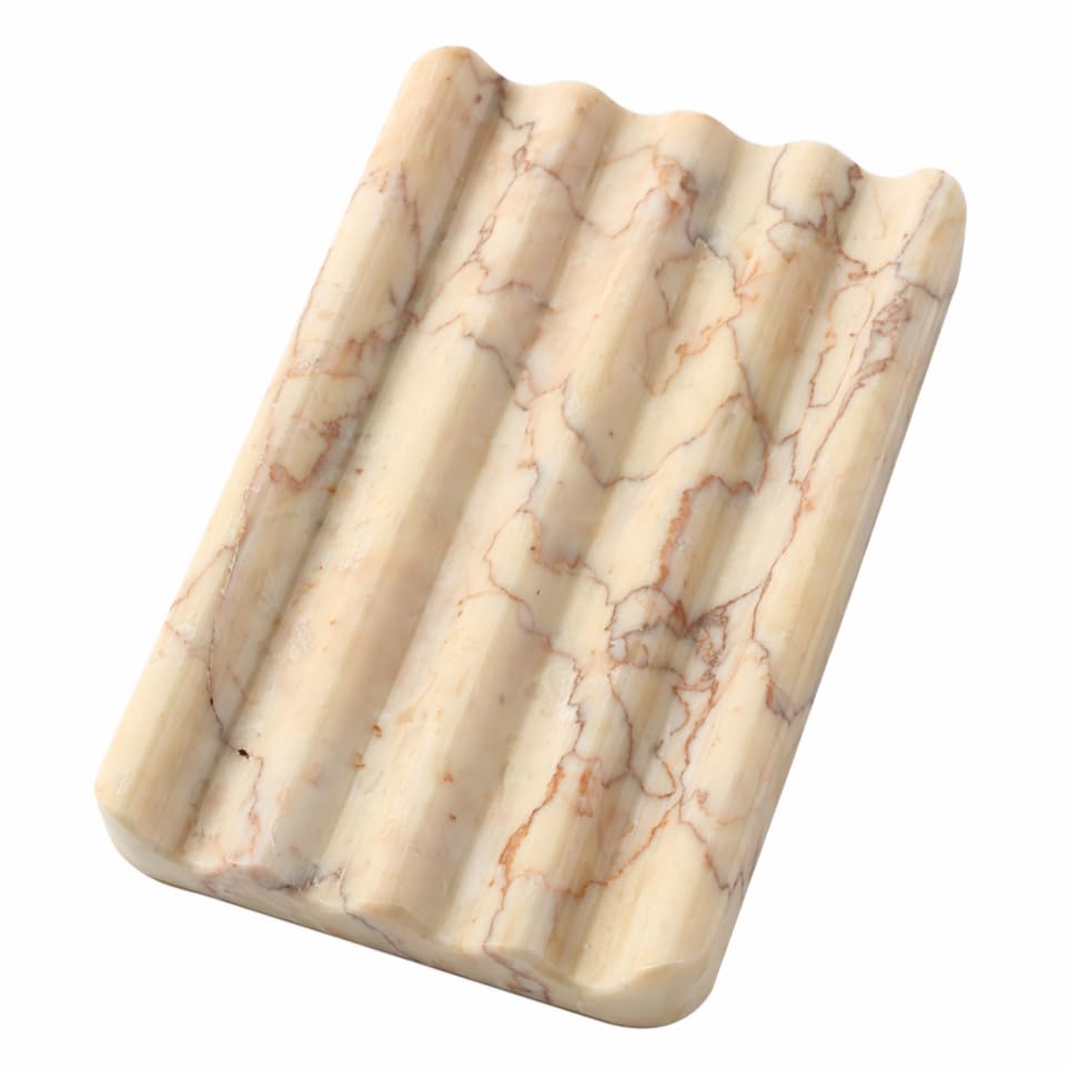 Koville African Natural Marble Soap Dish for Shower, Stone Soap Tray for Bathroom, Bar Soap Holder for Sink, Stripe Grooves Soap Saver Stone Dish Keep Bars Dry Easy Clean (Namib Bianco)
