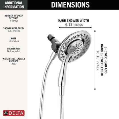 Delta 4-Setting In2ition 2-in-1 Dual Shower Head with HandHeld Spray, Chrome Detachable Shower Head with Hose, Showerhead, 1.75 GPM Flow Rate, Chrome 75486C