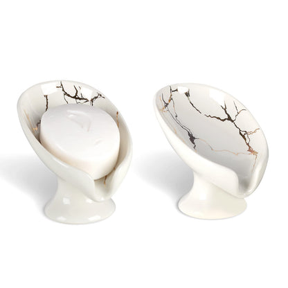 Soap Dish, Self Draining Bar Soap Holder for Bathroom Sink, Leaf Shaped Drainage Ceramic Speckled Soap Dish Porcelain Decorative Soap Dishes, ANTIS'S HOME