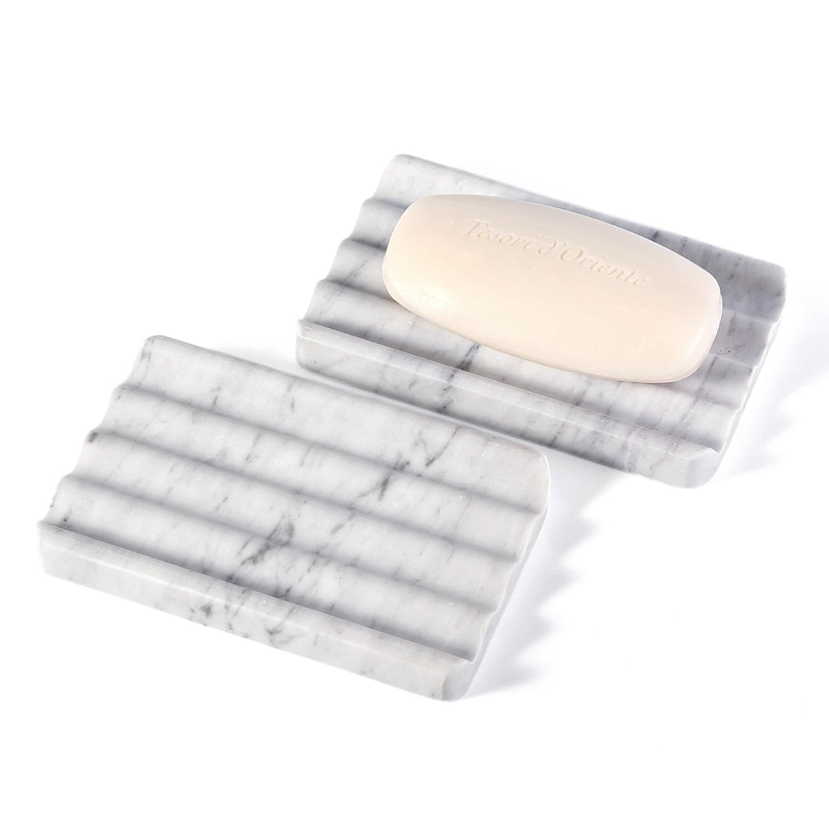 2PCS Koville African Natural Marble Soap Dish for Shower, Stone Soap Tray for Bathroom, Bar Soap Holder for Sink, Stripe Grooves Saver Keep Bars Dry Easy Clean (Namib Bianco)