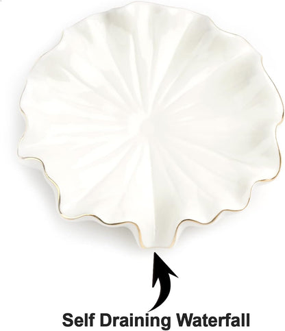 Ceramic Self Draining Soap Dish White Lotus Leaf Soap Holder Waterfall Soap Dish Soap Savers for Bar Soap, for Bathroom, for Shower, for Bar Counter