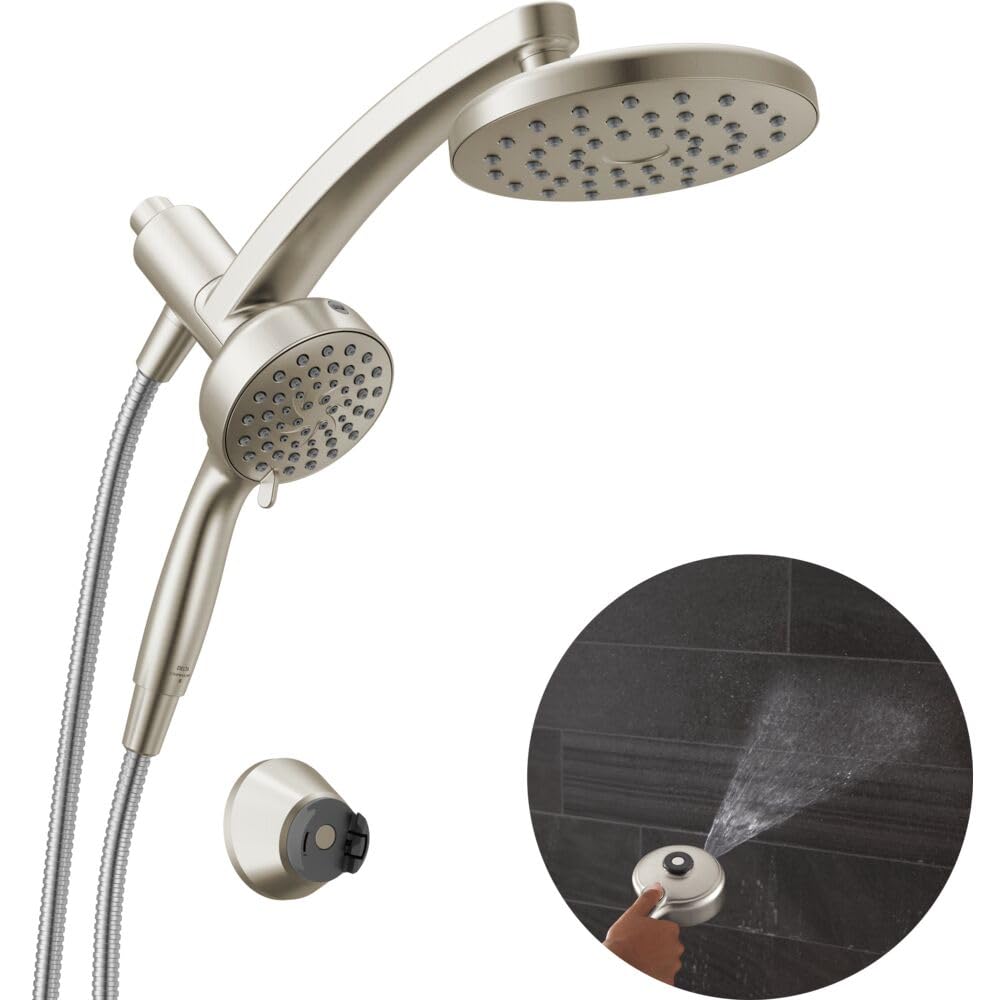 Delta 6-Setting PivotPro 3-in-1 Combination Shower Head with ProClean Spray, Brushed Nickel Round Shower Head Rainfall with Handheld Spray, 1.75 GPM, SpotShield Brushed Nickel 75649SN