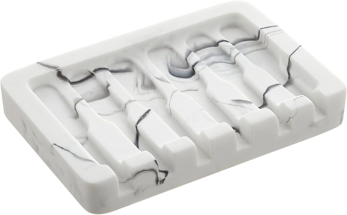 INIUNIK Self Draining Soap Dish - Marble Look Soap Holder Tray Savers Box Container Sponge Holder for Bathroom Shower Kitchen, White