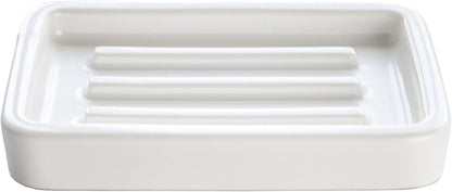 Matte Ceramic Soap Dish with Raised Ridges, Rectangle Bar Soap Holder for Bathroom Counter, Shower and Kitchen Sink, White