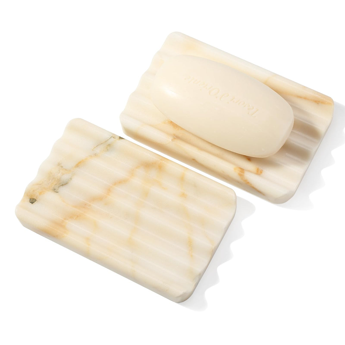 2PCS Koville African Natural Marble Soap Dish for Shower, Stone Soap Tray for Bathroom, Bar Soap Holder for Sink, Stripe Grooves Saver Keep Bars Dry Easy Clean (Namib Bianco)