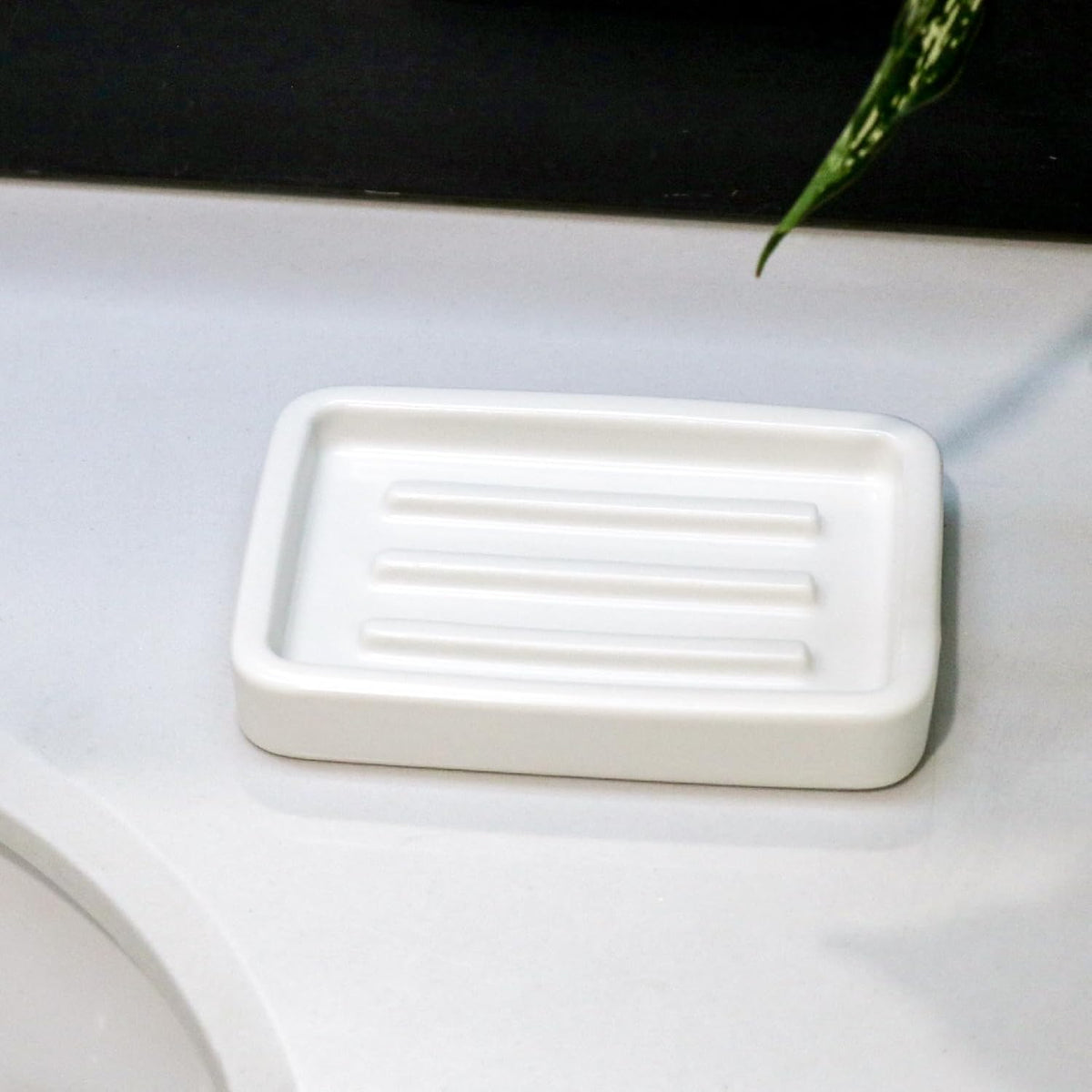 Matte Ceramic Soap Dish with Raised Ridges, Rectangle Bar Soap Holder for Bathroom Counter, Shower and Kitchen Sink, White