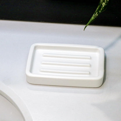 Matte Ceramic Soap Dish with Raised Ridges, Rectangle Bar Soap Holder for Bathroom Counter, Shower and Kitchen Sink, White
