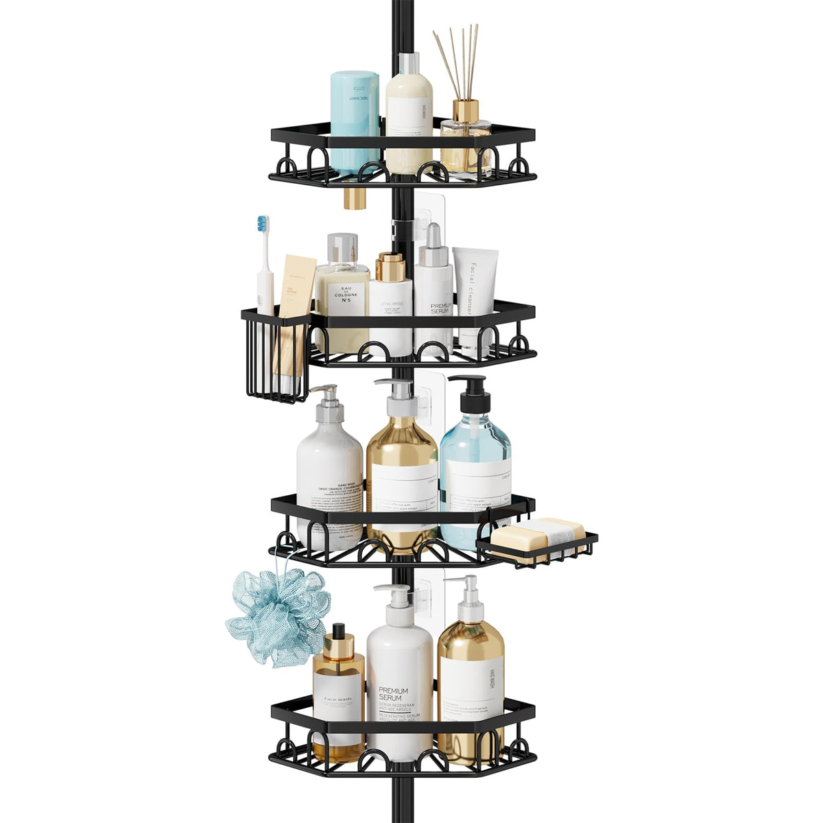 Consumest Shower Caddy Tension Pole - 4 Tier Corner Shower Shelves with Brush & Soap Holder, 304 Stainless Steel Rustproof Adjustable Organizer Rack for Bathtub, Bathroom, 27.6-108.3 Inch, Black