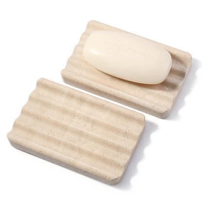 2PCS Koville African Natural Marble Soap Dish for Shower, Stone Soap Tray for Bathroom, Bar Soap Holder for Sink, Stripe Grooves Saver Keep Bars Dry Easy Clean (Namib Bianco)