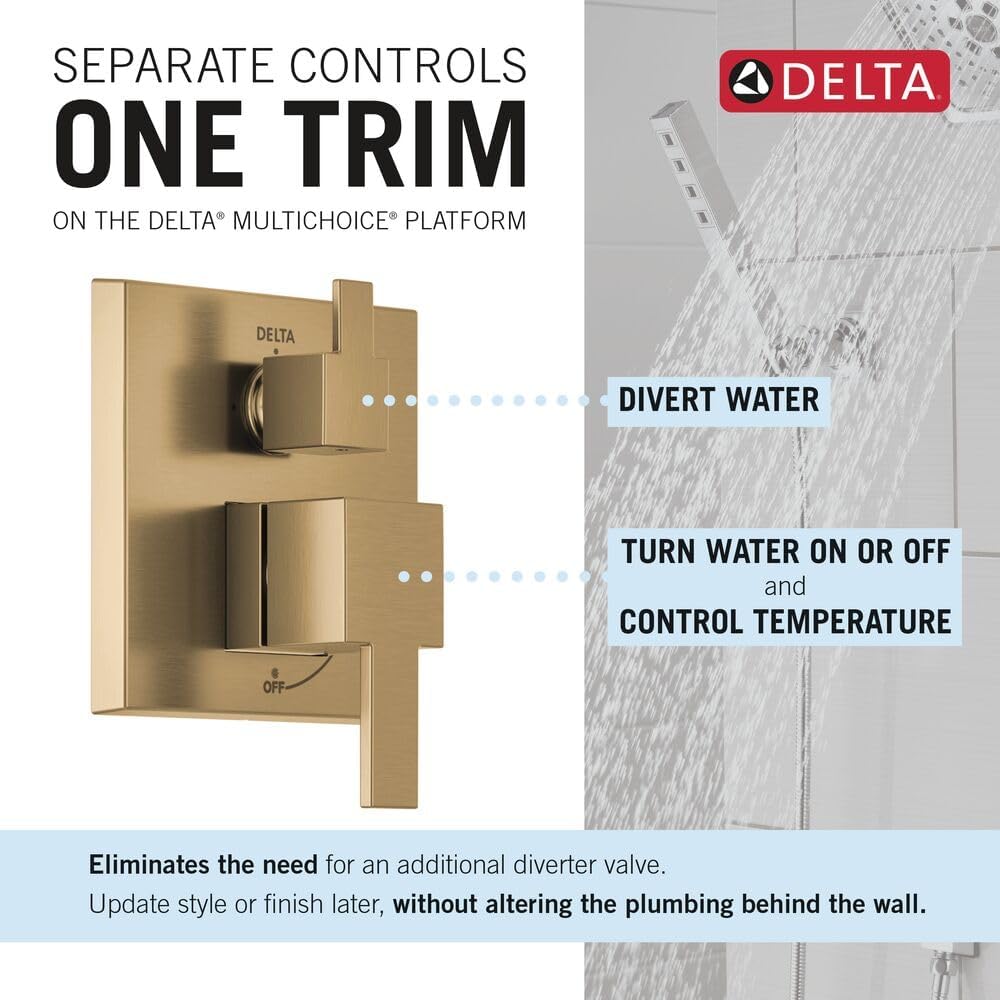 Delta Modern Square Shower System Faucet Set, Brushed Gold 6.5-inch Shower Head and Handle Set, Valve Trim Kit, Champagne Bronze T342703-CZ (Valve Not Included)