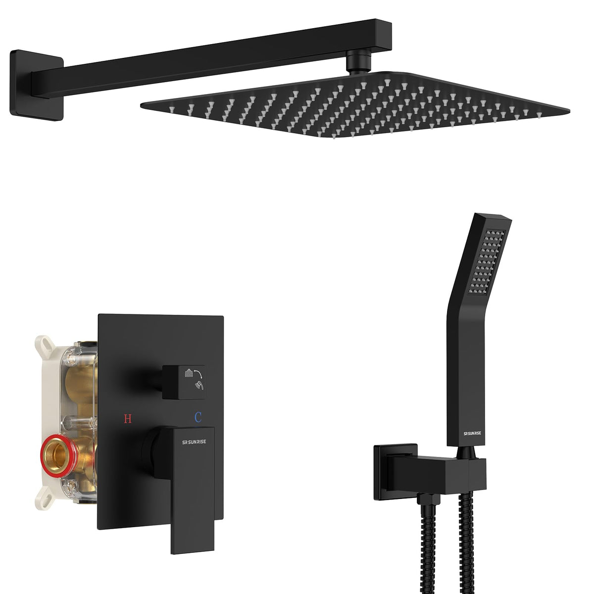 SR SUN RISE Shower Faucet Set 16-Inch Rainfall Shower Head Matte Black