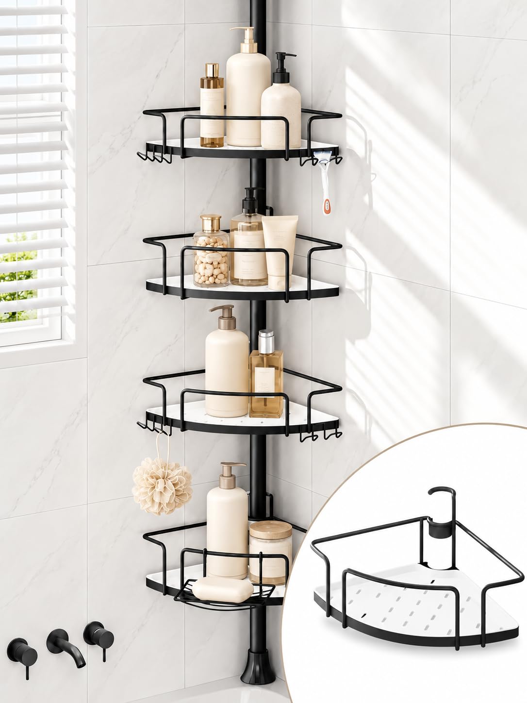 ALLZONE Two-Tone Corner Shower Caddy Tension Pole for Bath Shampoo Storage