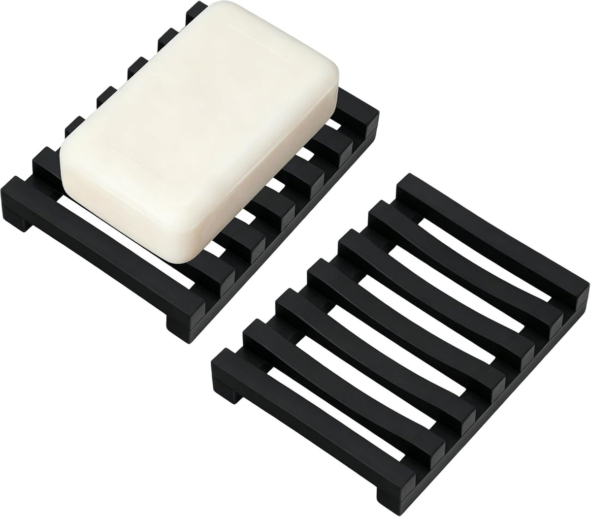 Slotted Silicone Soap Dish 2 Pcs, Self Draining Soap Holder with Raised Bar Design, Non Slip Soap Saver Tray, Quick Dry Soap Dish for Bathroom Kitchen Sink Shower, Black