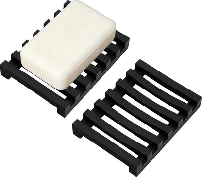 Slotted Silicone Soap Dish 2 Pcs, Self Draining Soap Holder with Raised Bar Design, Non Slip Soap Saver Tray, Quick Dry Soap Dish for Bathroom Kitchen Sink Shower, Black