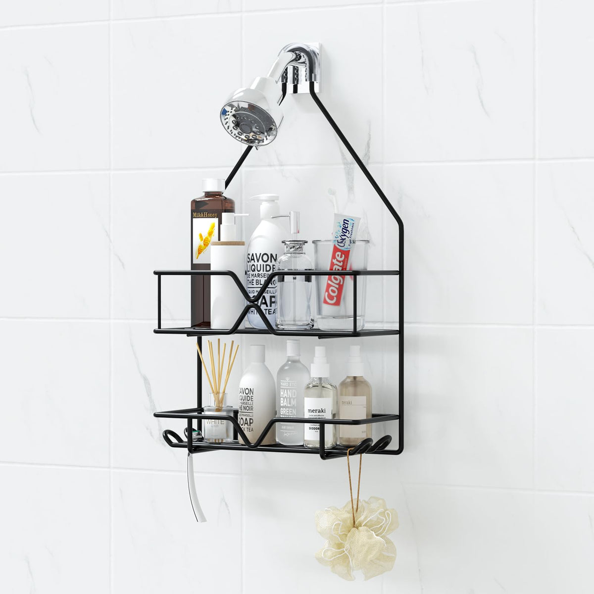 TreeLen Rustproof Shower Caddy, Hanging, Stainless Steel, 4 Hooks, 2 Shelves, Non-Slip
