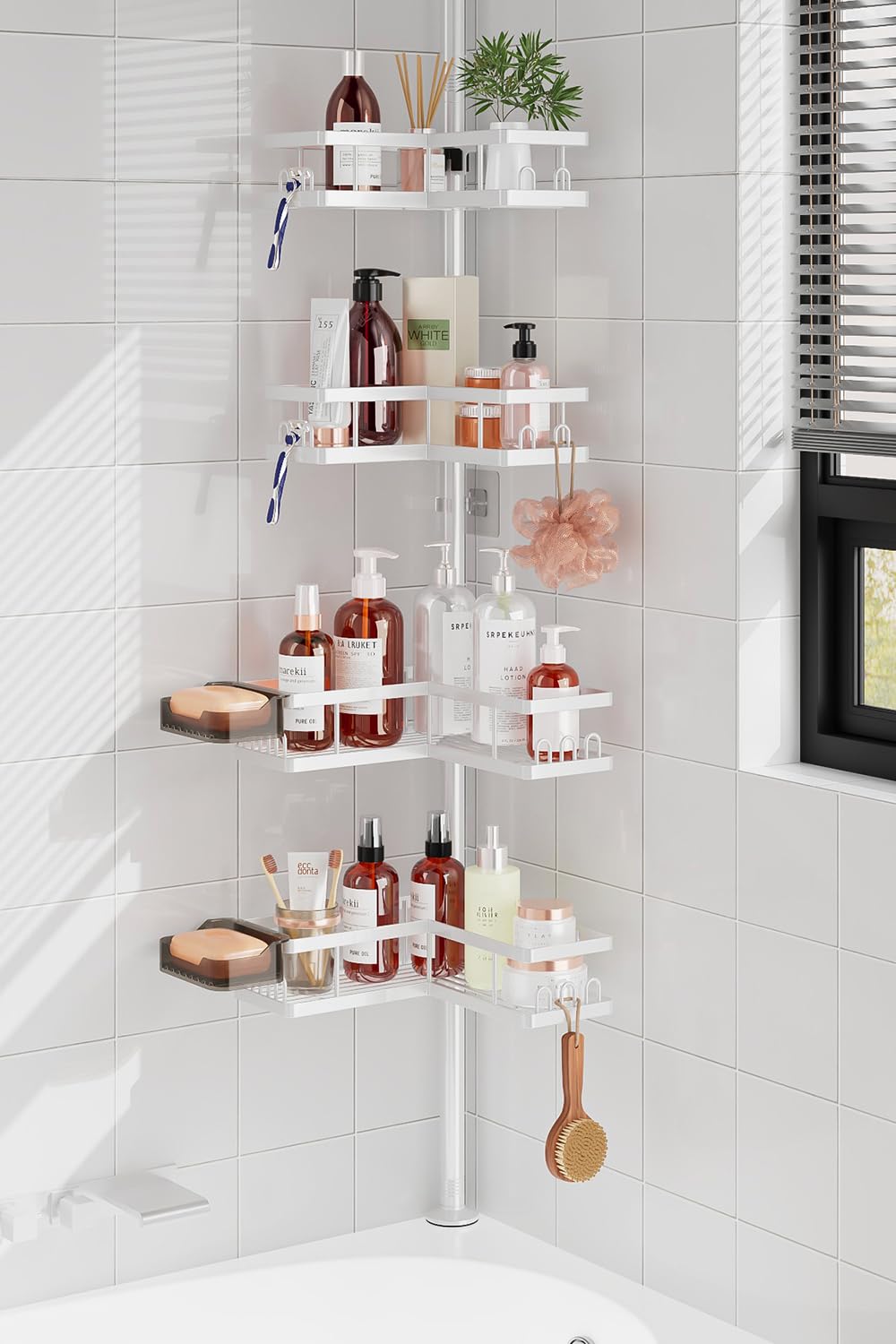 YASONIC Corner Shower Caddy Tension Pole, 25.7-109.1in Adjustable Shower Shelves, Rust-Resistant Shower Organizer, No-Drill 3-Step Installation, Bathroom Shelves for Renters & Family, Black