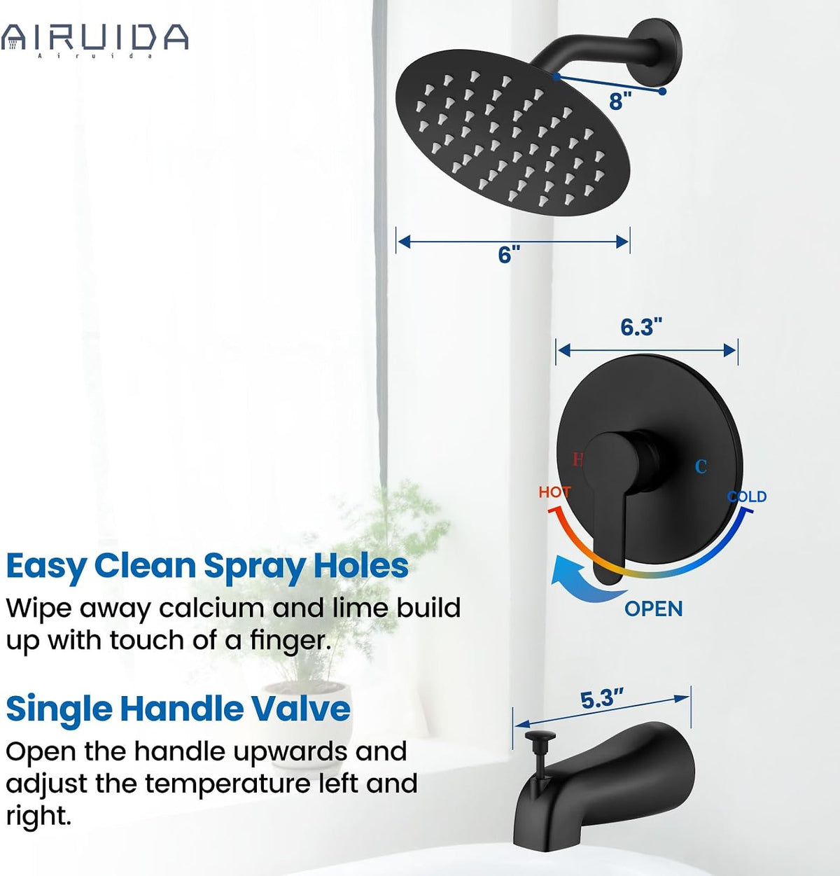 Airuida Shower Faucet Set with Tub Spout,6" Bathtub Faucet-Matte Black