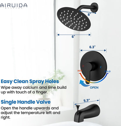 Airuida Shower Faucet Set with Tub Spout,6" Bathtub Faucet-Matte Black