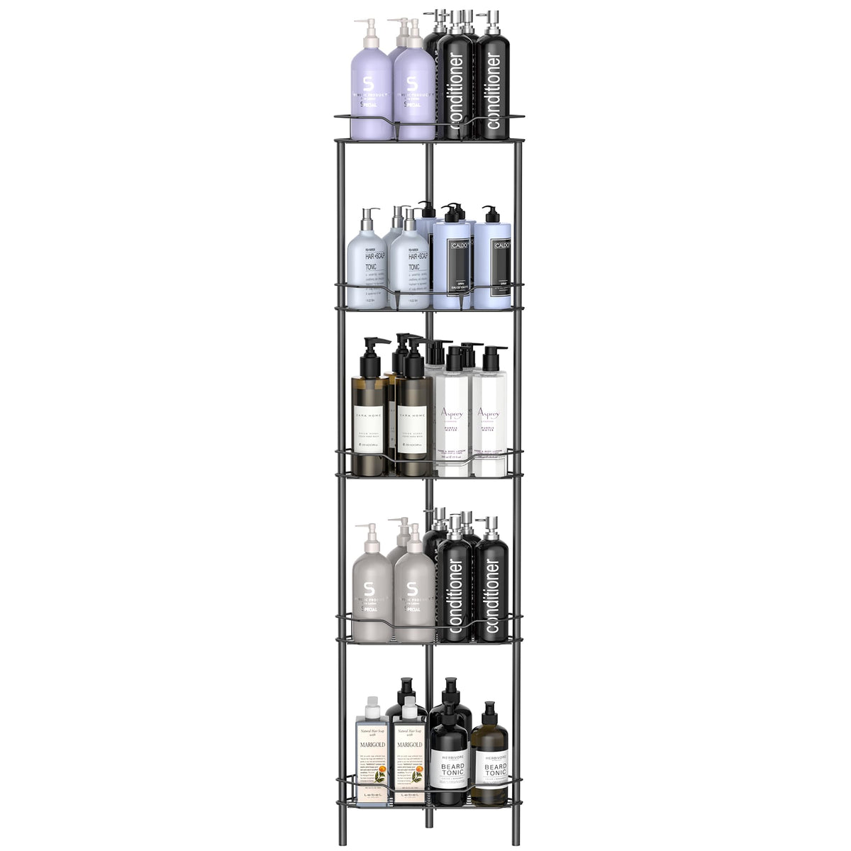 HuggieGems 4 Tier Floor Standing Corner Shower Caddy Organizer Shelf with Hooks, Bathroom Shelves Stand Rack, Black