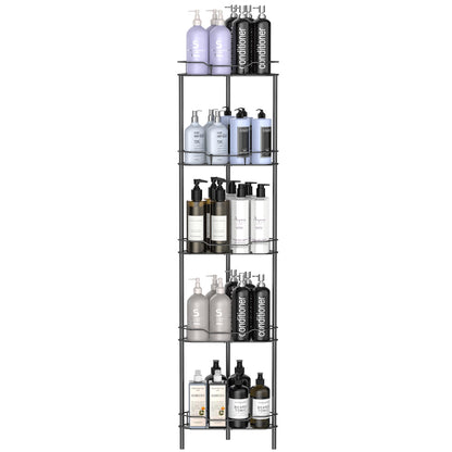 HuggieGems 4 Tier Floor Standing Corner Shower Caddy Organizer Shelf with Hooks, Bathroom Shelves Stand Rack, Black
