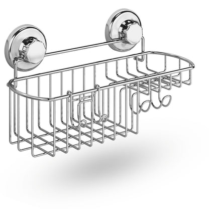 HASKO Suction Cup Shower Caddy Basket for Shampoo, Shower Suction Shelf Organizer, Basket with Soap Holder and Hooks, Stainless Steel Shampoo Holder for Bathroom Storage, Chrome