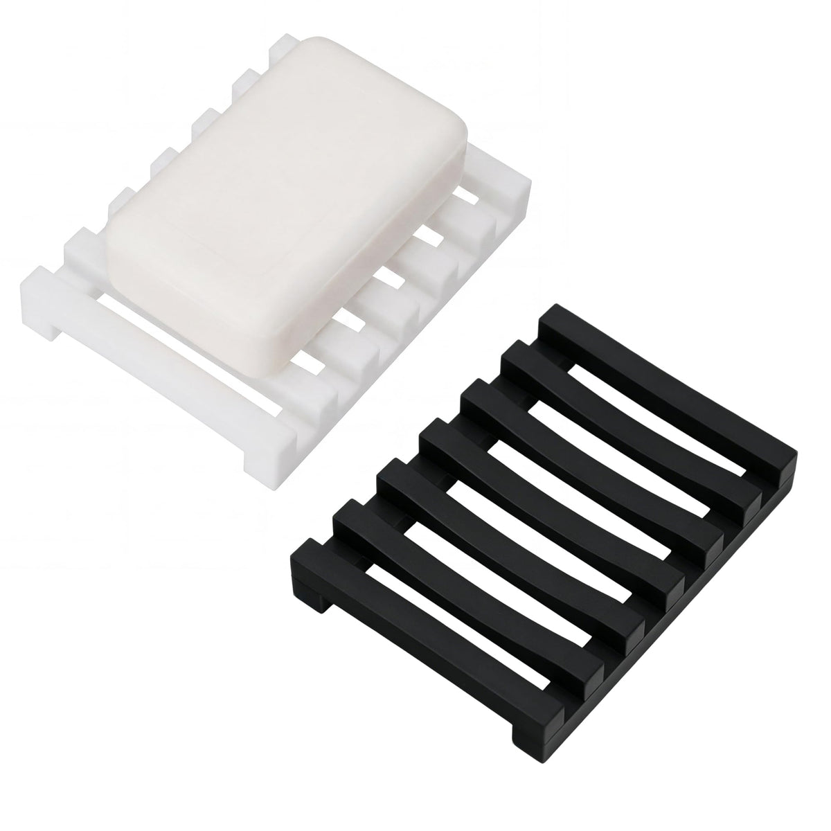 Slotted Silicone Soap Dish 2 Pcs, Self Draining Soap Holder with Raised Bar Design, Non Slip Soap Saver Tray, Quick Dry Soap Dish for Bathroom Kitchen Sink Shower, Black
