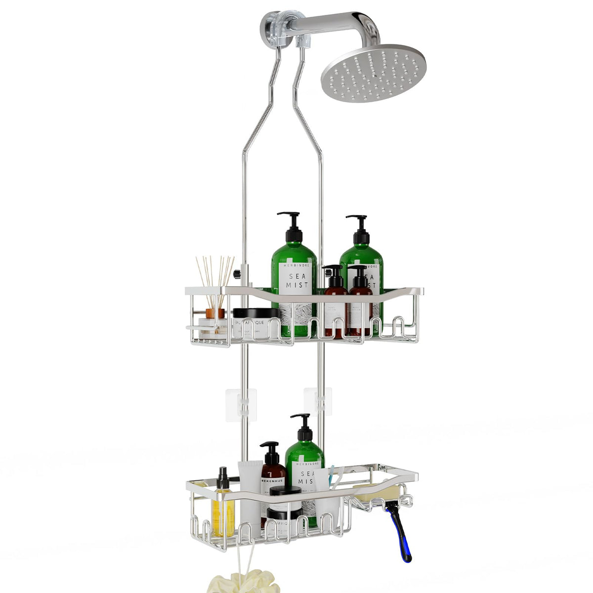 Upgraded Extended Length Shower Organizer with Hooks, Rustproof Shampoo Soap Holder, Large Hanging Bathroom Caddy