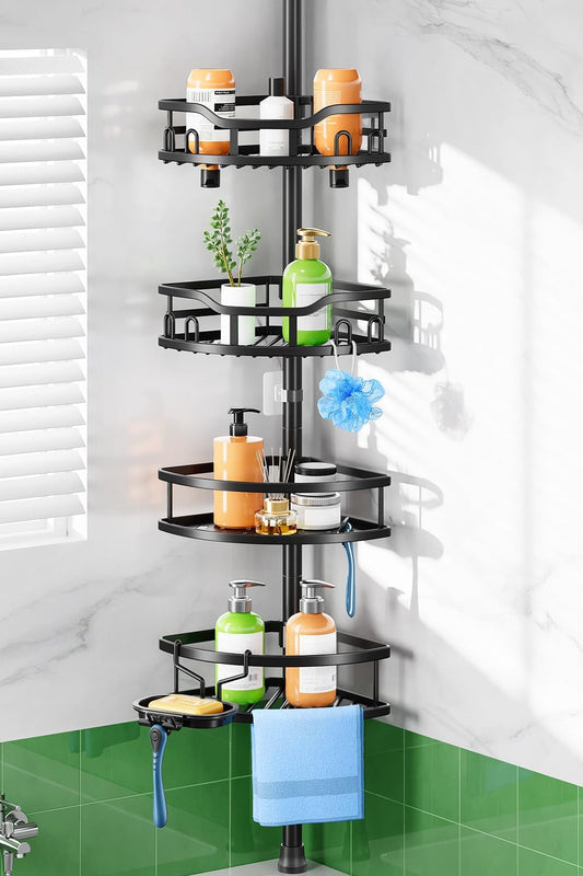 HAMITOR Shower Caddy Tension Pole: Rustproof Quick Install Standing Corner Bathroom Organizer Shelf on Floor for Renters - 4-Tier Large Capacity Storage Rack with Soap Holder for Apartment -Black
