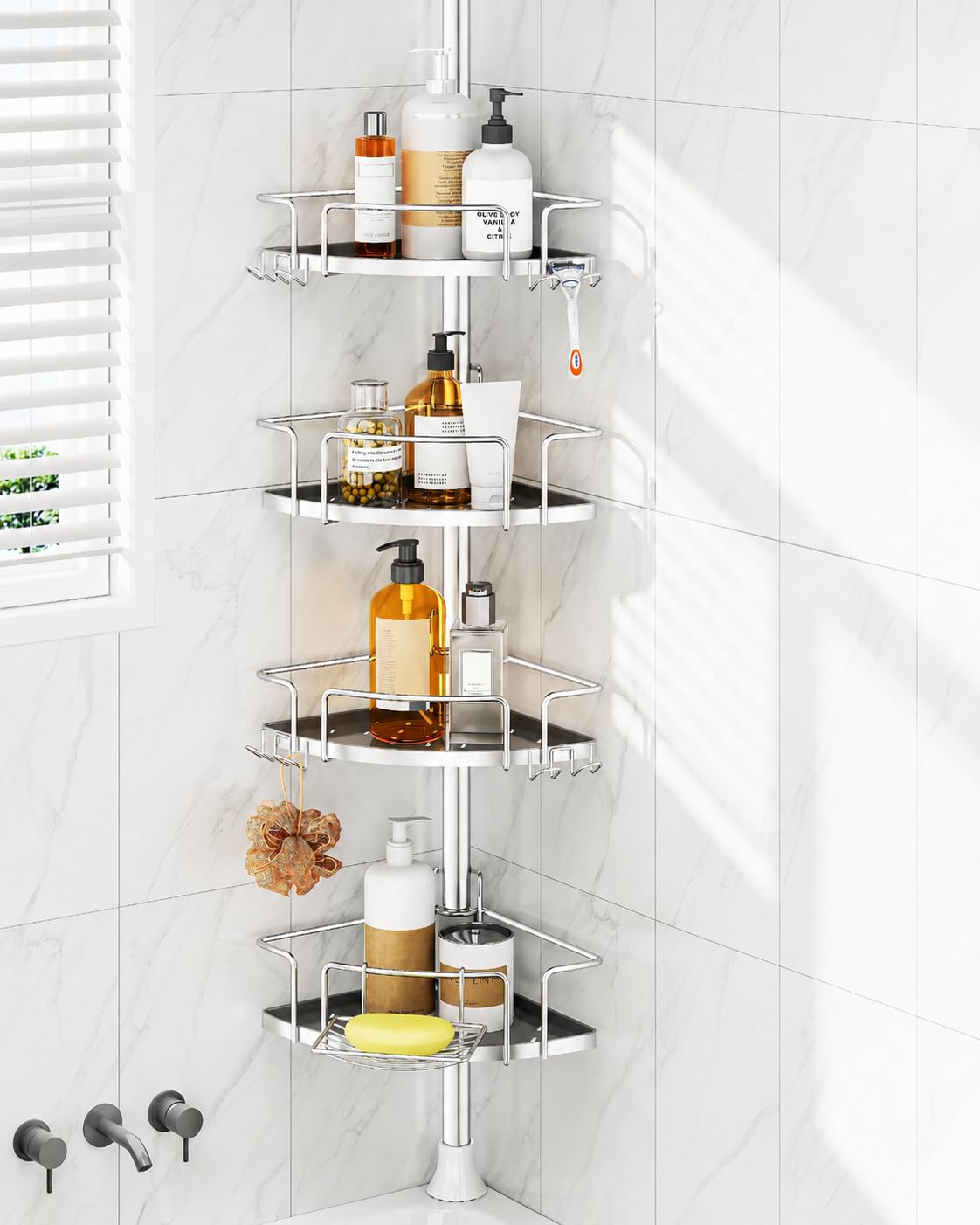 ALLZONE Two-Tone Corner Shower Caddy Tension Pole for Bath Shampoo Storage